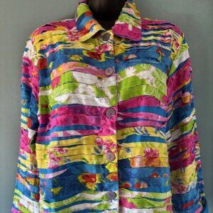 Keren Hart M Button Jacket Floral Bright Pattern Bold Artsy Pink Blue Textured